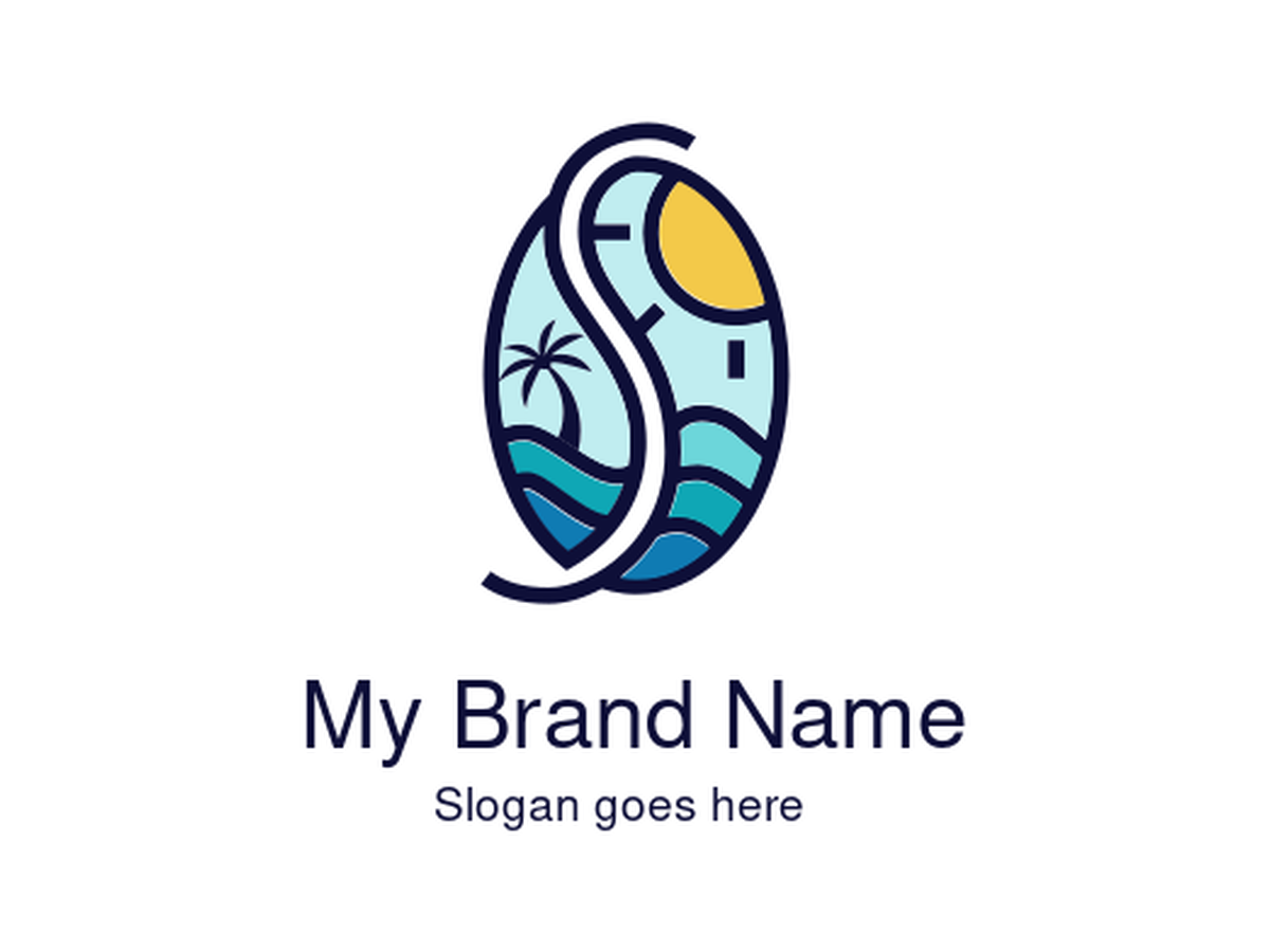 Vibrant Blue and Yellow Coffee Bean with Palm Tree and Waves Logo Design for Tropical Coffee Estates and Sustainable Coastal Café Brands